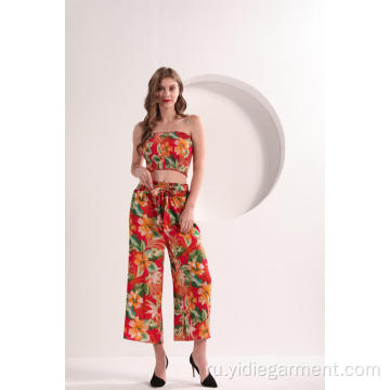 Женские брюки с высокой талией и цветочным принтом
